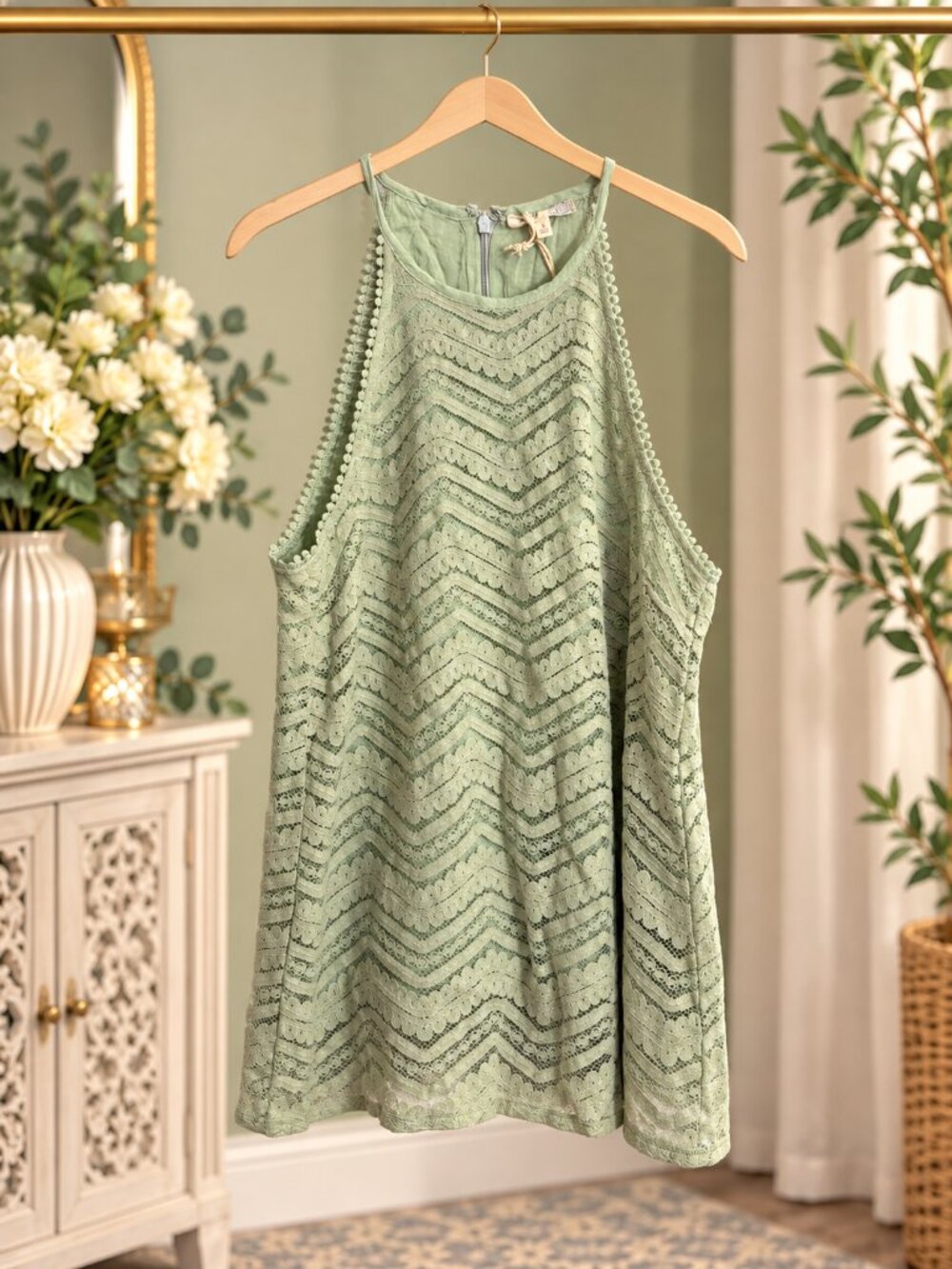 Mystree Mint Green Lace Trim Halter Neck Top Size S Cotton Boho